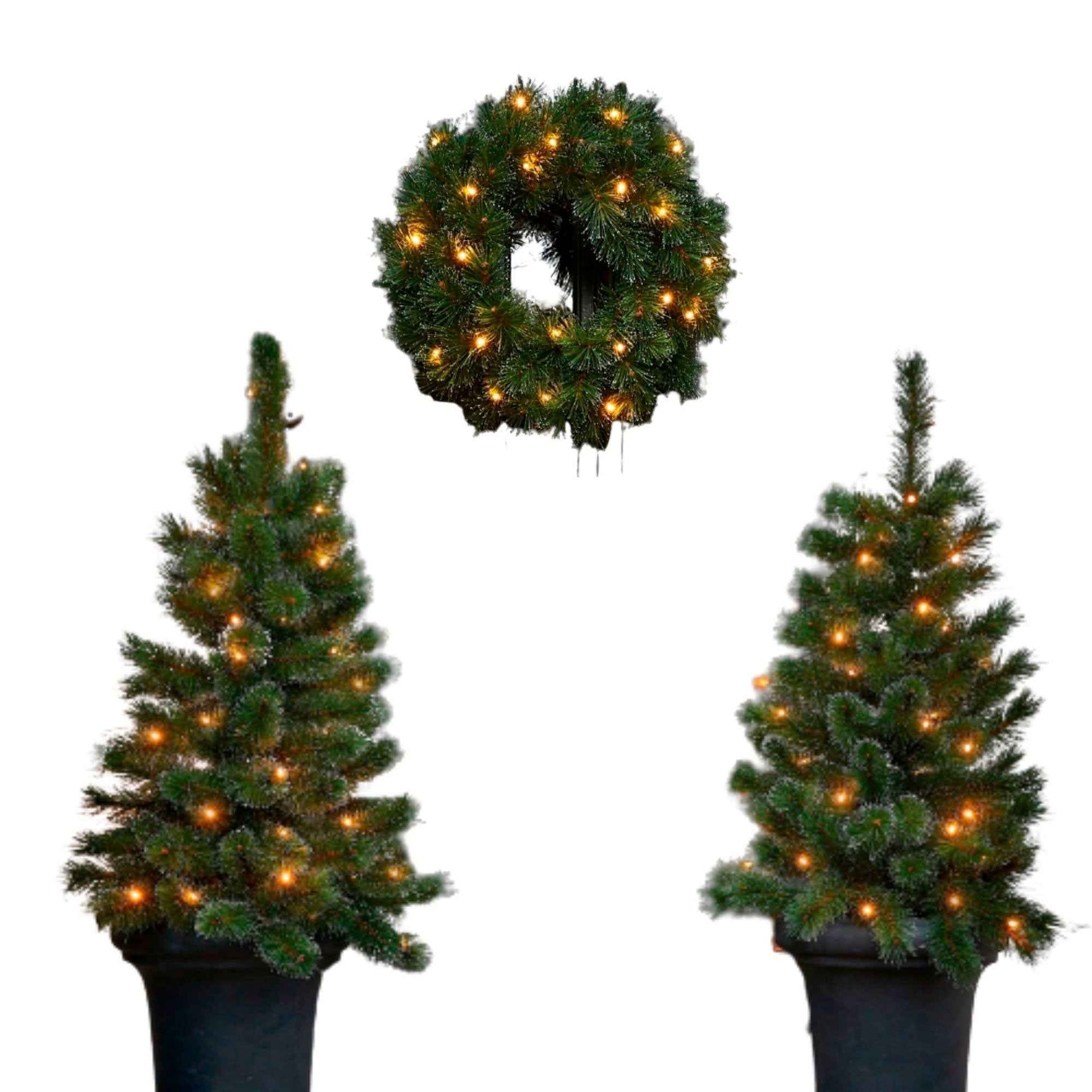 Black Box 2x Schneebedeckter künstlicher Weihnachtsbaum + 1x Adventskranz 'Glendon' inkl. LED-Beleuchtung - Kunstweihnachtsbäume