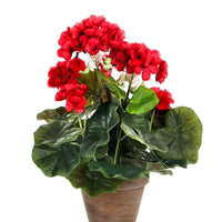 Künstliche Pflanze Geranie rot inkl. Runder Ziertopf, Ton - Blühende Kunstpflanzen